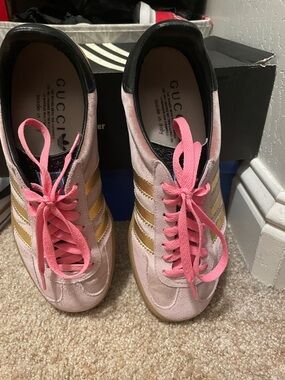 Gucci Pink Suede Sneakers with Gold Stripes